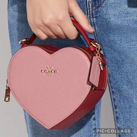 NWT COACH HEART CROSSBODY IN COLORBLOCK  LEATHER TOP HANDLE GOLD/TRUE PINK - Picture 7 of 14
